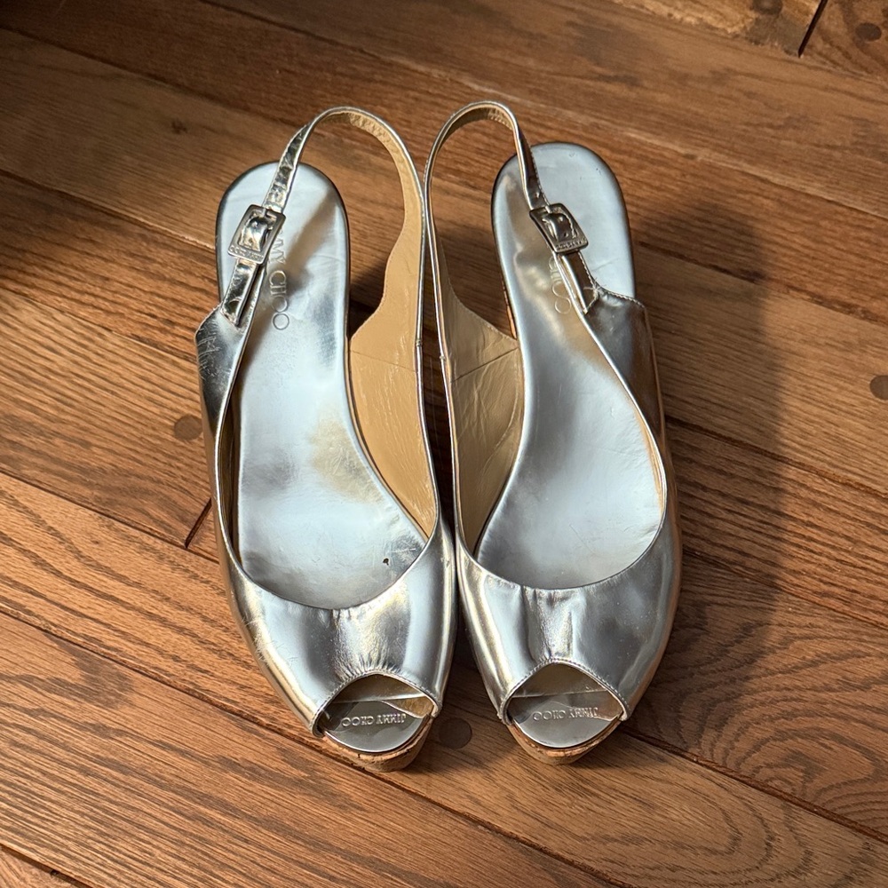 Jimmy Choo Silver Peep-Toe Slingback Flats
